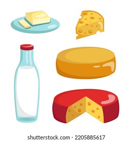 Vector de productos lácteos. Colección de productos lácteos orgánicos frescos. Leche, queso, mantequilla.