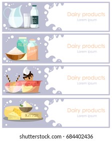 Vektorsatz von Milchprodukten horizontale Banner. Flache Design-Elemente mit Milch, Jogurt, Eis, Käse, Butter, Schlagsahne und Platz für Text.