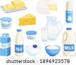 Vector set dairy products. Illustration of cottage cheese, milk, butter, cheese and sour cream. Yogurt, whipped cream for design market farm product.
