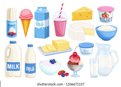 Vector set dairy products. Illustration of cottage cheese, milk, butter, cheese and sour cream. Yogurt, ice cream, smoothies, whipped cream for design market farm product.