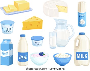 Vector set dairy products. Illustration of cottage cheese, milk, butter, cheese and sour cream. Yogurt, whipped cream for design market farm product.