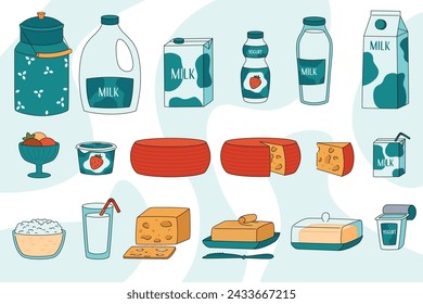 Vector conjunto de productos lácteos. Ilustración de queso cottage, leche, mantequilla, queso y helado.