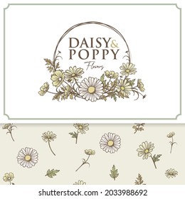conjunto vectorial de daisy y flores de amapola etiqueta y patrón