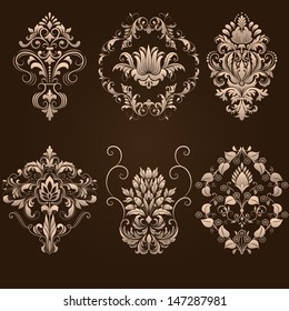 Vector set of damask ornamental elements. Elegant floral abstract elements for design. Perfect for invitations, cards etc.