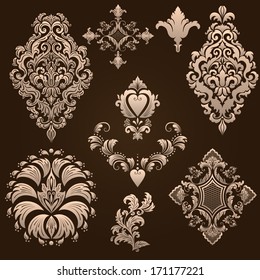 Vector set of damask ornamental elements. Elegant floral abstract elements for design. Perfect for invitations, cards etc.