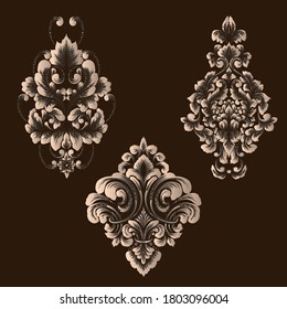 Vector set of damask ornamental elements. Elegant floral abstract elements for design. Perfect for invitations, cards etc.