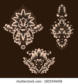 Vector set of damask ornamental elements. Elegant floral abstract elements for design. Perfect for invitations, cards etc.