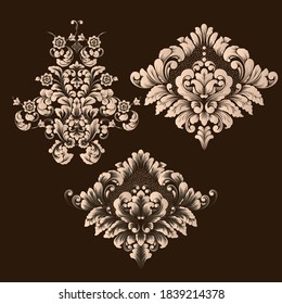 Vector set of damask ornamental elements. Elegant floral abstract elements for design. Perfect for invitations, cards etc.