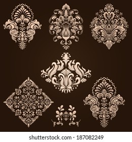 Vector set of damask ornamental elements. Elegant floral abstract elements for design. Perfect for invitations, cards etc.