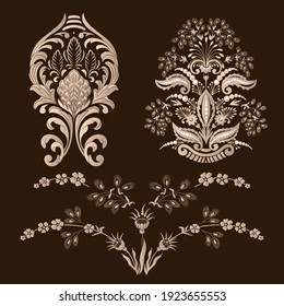 Vector set of damask ornamental elements. Elegant floral abstract elements for design. Perfect for invitations, cards etc.