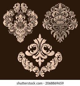 Vector set of damask ornamental elements. Elegant floral abstract elements for design. Perfect for invitations, cards etc.