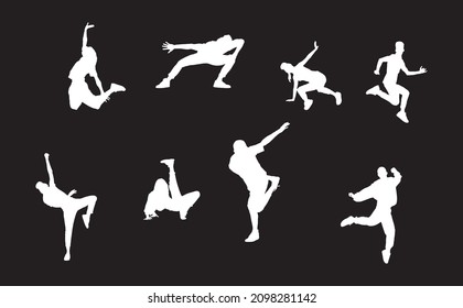 Vector set of dancers on a dark background, dancing people.