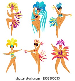 Vector set of dancing Brazilian women in colorful carnival costumes. Carnival concept design and life in Brazil. Doodle style illustration