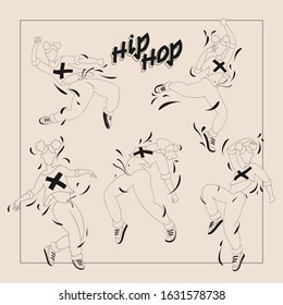 Vector set with a dancing character. Teenage girl dancing hip hop. 