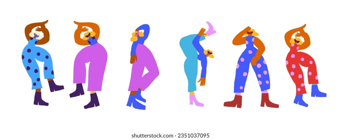 Vector set with dancing disco people wearing colorful clothes, 80s vintage style characters. Retro party people set