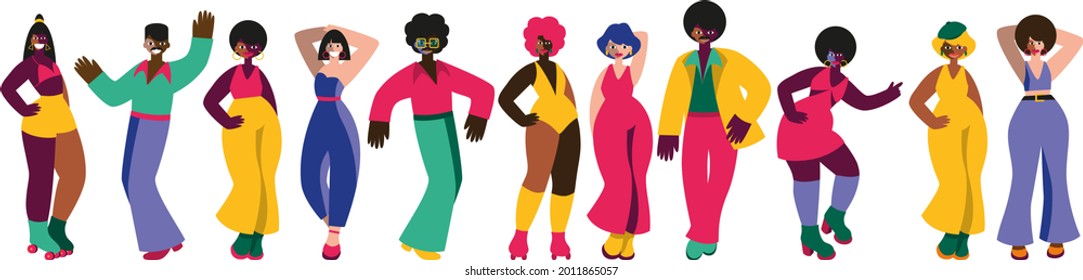 Vector set of dancing people. Disco and fashion of 70s