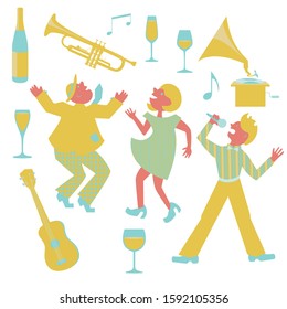 Vector set with dancing people and musical instruments