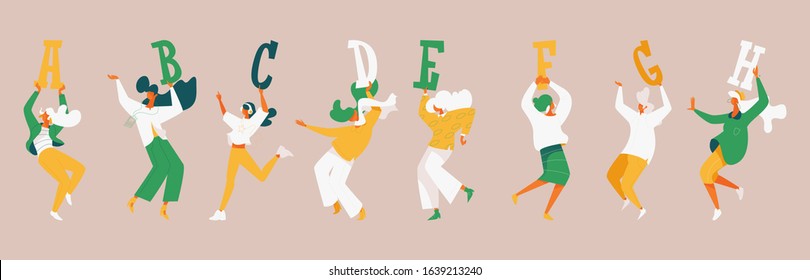 Vector set with dancing women holding letters from a to h. Capital lettering, bright concept good for writing in green and yellow colors