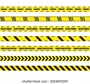 Vector Set of Dangerous Sign Stripes Ribbons, Cross Barrier Lines, Yellow and Black Colors.