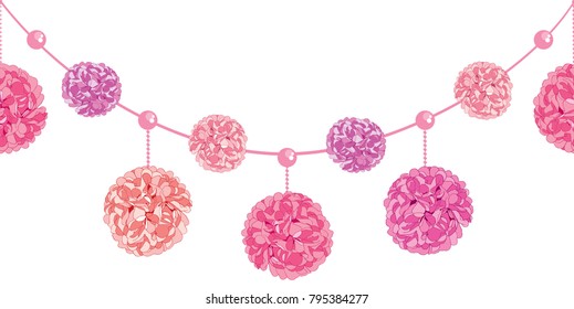 Vector Set of Dangling Pink Birthday Party Paper Pom Poms and Beads Set Horizontal Seamless Repeat Border Pattern. Great for handmade cards, invitations, wallpaper, packaging, nursery designs.