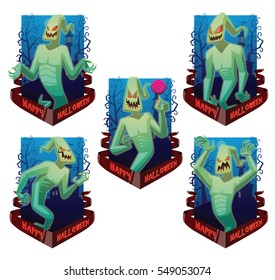Vector set of dark blue cards "Happy Halloween" with cemetery, banner and with cartoon images of funny light green ghosts with red eyes, with different actions and emotions on a white background. 