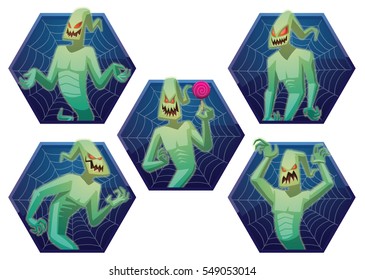 Vector set of dark blue hexagonal frames with spider web and with cartoon images of funny light green ghosts with red eyes, with different actions and emotions on a white background. Halloween.