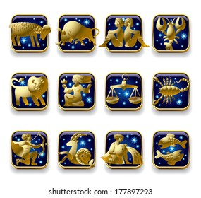 Vector set of dark blue icons with gold zodiacal signs with figure, symbols and stars against a white background