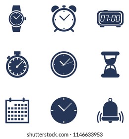 Vector Set of Dark Blue Silhouette Time Icons. Schedule and Watch Symbols