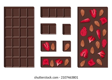 Vector set of dark chocolate bars with dried strawberries and almonds and pieces isolated on white background.
