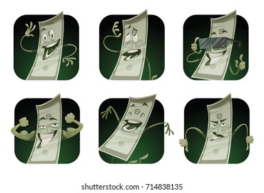 Vector set of dark green square frames with cartoon images of funny green banknotes with different actions and emotions on a white background. Money, finance, business, currency, dollar. 