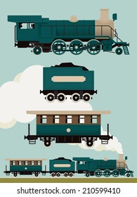 Vector set of dark green steam locomotive with cars | Vintage train set | Railroad steam engine, coal car and passenger car