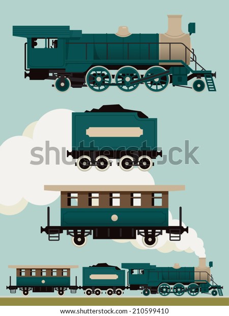 Vector\
set of dark green steam locomotive with cars | Vintage train set |\
Railroad steam engine, coal car and passenger\
car