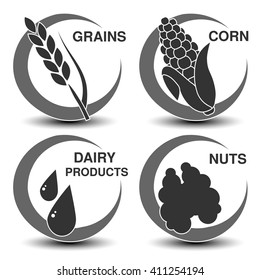 Vector set of dark grey allergen symbols. Icon of grains, corn, dairy products and nuts. Sign of food allergy in a circle.
