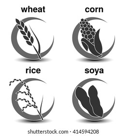Vector set of dark grey circular symbols with the economic crops. Cereal icons - wheat, corn, rice, soya 
 svg