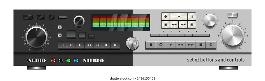 Vector set of dark and light tape recorder, player buttons and controls. Collection of products for the mixing console. Equalizer screen. Gadget or device panel.