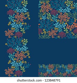 Vector set of dark plants seamless pattern and borders backgrounds