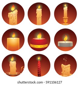 Vector set of dark red round frames with candles on a white background.