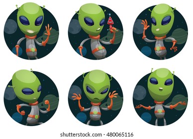 Vector set of dark space round frames with planets and with cartoon images of funny green aliens with big eyes and small antennas on heads in gray-orange spacesuits in the center on a white background