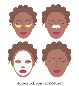 Vector set of dark-skinned female faces with moisturizing, cleansing, anti-aging face masks. Icons of young girls with a mask, patches and a cleansing strip for the pores of the nose