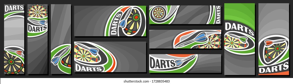 Vector set of Darts Banners, vertical and horizontal decorative art templates for darts events with illustration of dartboard and flying on curve trajectory darts arrow on gray abstract background.