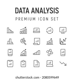 Vector set of data analysis thin line icons. Design of 20 stroke pictograms. Signs of data analysis isolated on a white background.