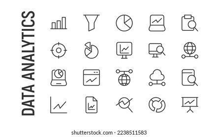 Vector set of data analytics thin line icons. Design of 20 stroke pictograms. Signs of data analytics isolated on a white background.