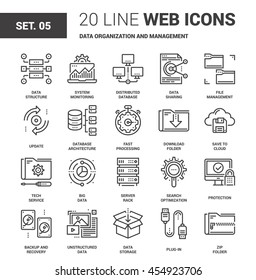 Vector Set Of Data Organization And Management Line Web Icons. Each Icon With Adjustable Strokes Neatly Designed On Pixel Perfect 64X64 Size Grid. Fully Editable And Easy To Use.