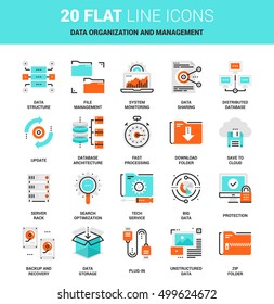 Vector Set Of Data Organization And Management Flat Line Web Icons. Each Icon With Adjustable Strokes Neatly Designed On Pixel Perfect 64X64 Size Grid. Fully Editable And Easy To Use.