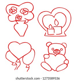 Vector set of dating items: candles, bouquet, balloons and toy bear for greetings cards, icon, stickers, logo, stamps and websites