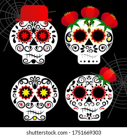Vector set "Day of the Dead Skull". Day of the dead multi-colored sugar skulls with different ornaments on a black background with a spider web. Red flowers and a hat on a skull on the day of the dead