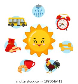 Vector set of day icons. Cartoon cute symbol of morning. Illustration cartoon sun.
