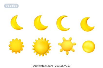 Vector set day and night weather illustration of different shine yellow color sun with sunbeam and crescent moon with star on white background. 3d cartoon style design of sun with beam and half moon