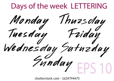 Vector set of days of the week handwritten in black marker. Traced black lettering isolated on white. Monday, Tuesday, Wednesday, Thursday, Friday, Saturday, Sunday
