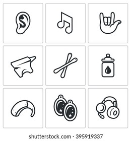 Vector Set of Deafness Icons. Ear, sound, sign language, anvil, cotton swab, boric acid, hearing aid, earring, headphone. Problem, equipment, medicine, jewelry and communication deaf